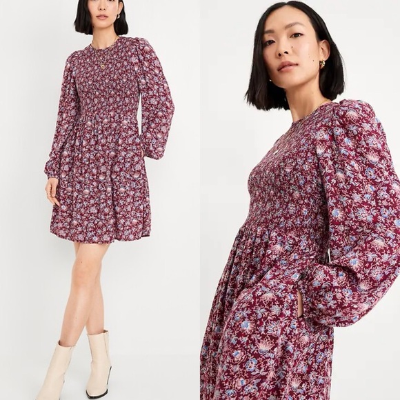 Old Navy Dresses & Skirts - Old Navy | Floral Smocked Fit & Flare Long-Sleeve Mini Dress